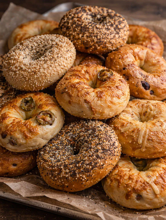 Assorted bagels arranged together